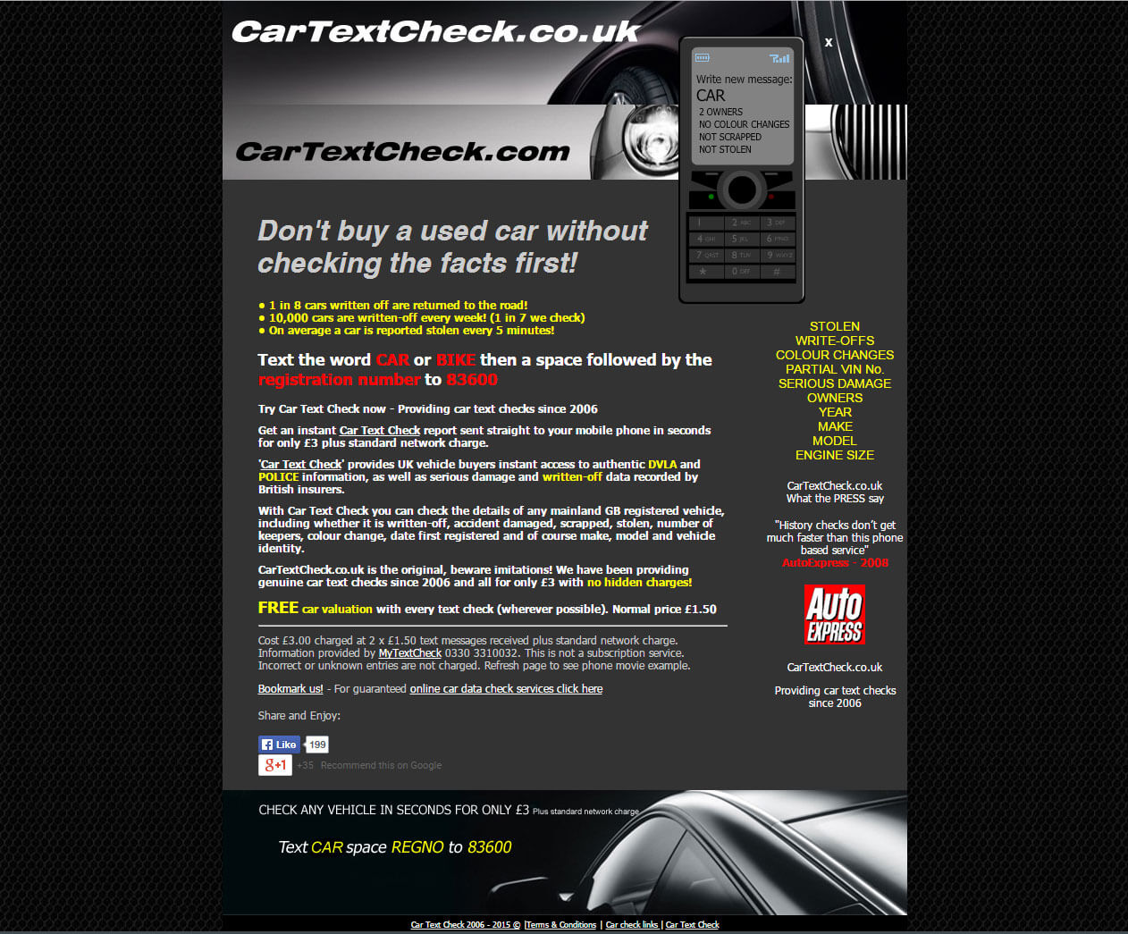 Screenshot of original CarTextCheck website